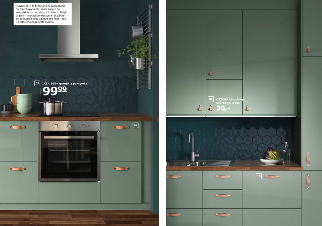 Zabudowa kuchenna w odcieniach zieleni. Katalog IKEA 2019