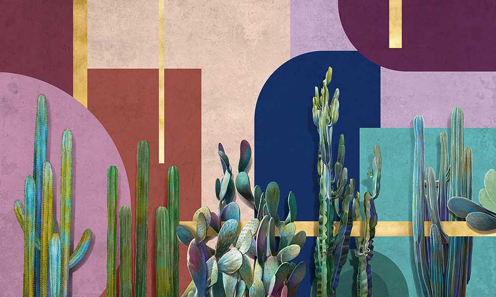 Kolorowa tapeta z kaktusem na tle geometrycznego wzoru