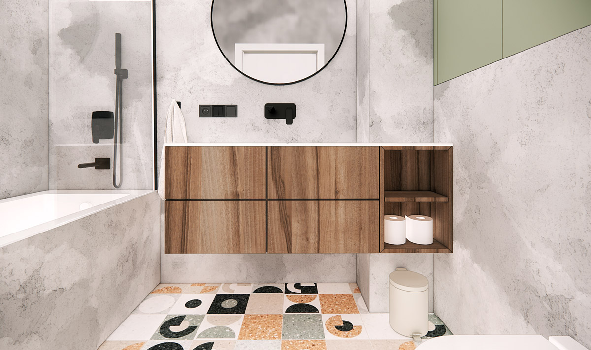 Kolorowa łazienka z patchworkowymi kaflami na podłodze i ścianami z mikrocementu
