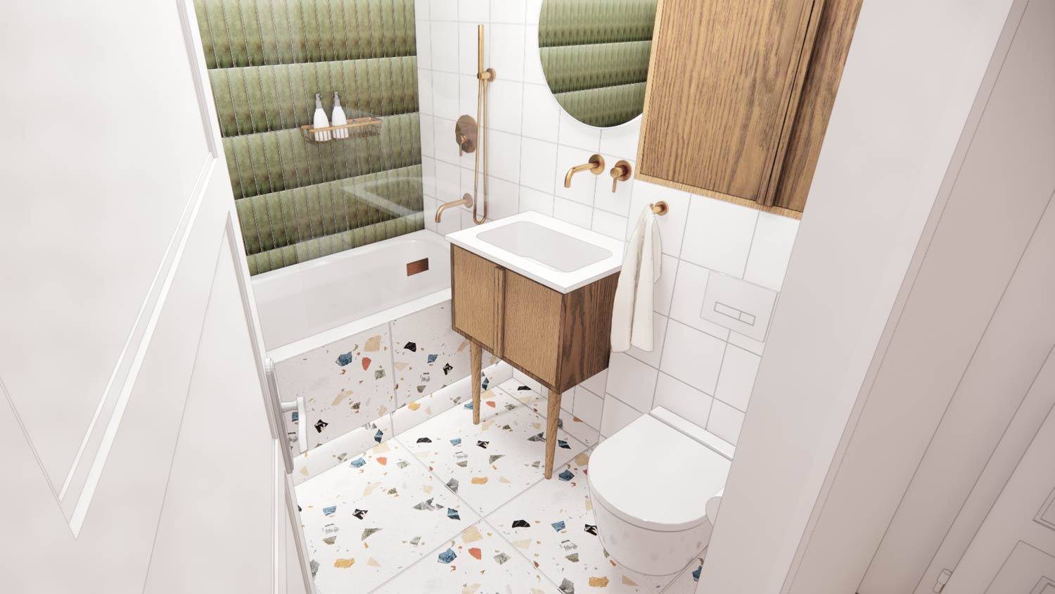 Wizualizacja wnętrza łazienki z płytkami lastryko, złotem i butelkową zielenią
