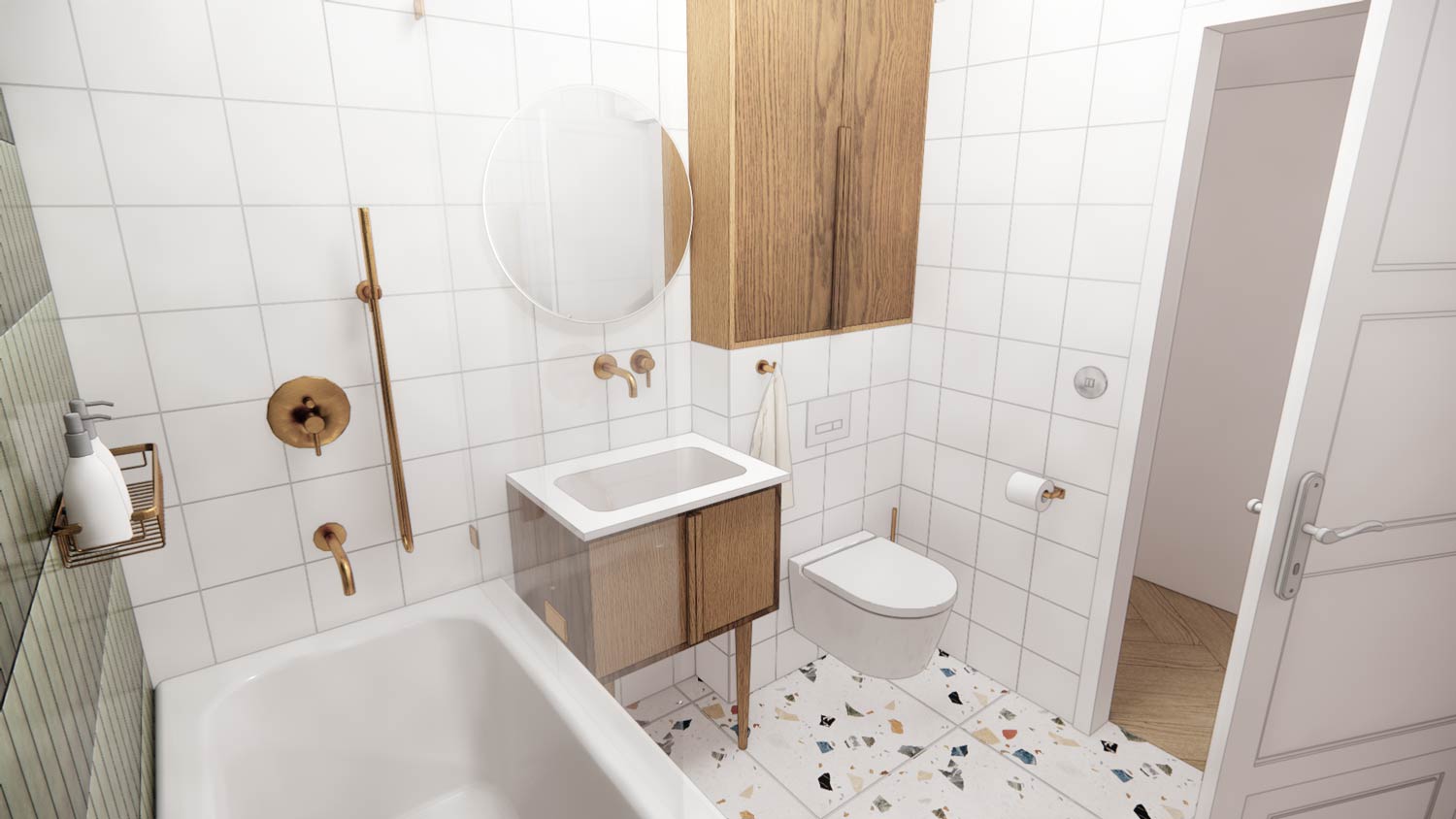 Wizualizacja łazienki w duchu retro, z lastryko na podłodze, zielonymi kaflami na ścianie i złotymi dodatkami