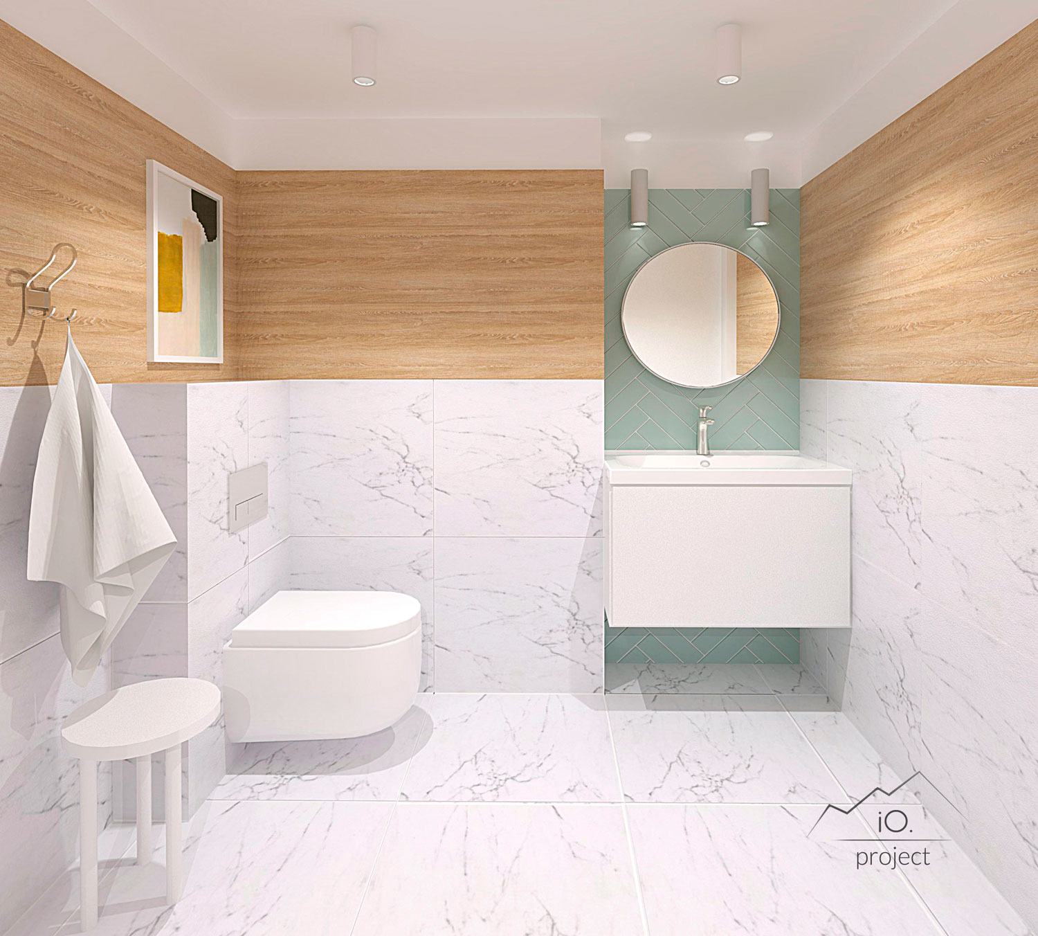 Wizualizacja łazienki. Połączenie ciepłej okładziny z drewnianych płyt fornirowanych, marmuru, dekoracyjnych płytek w odcieniach pastelowej zielenie białej armatury. 