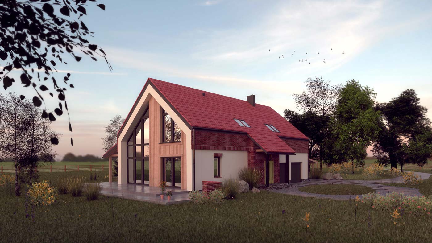 Wizualizacja realistyczna domu w sielskim krajobrazie