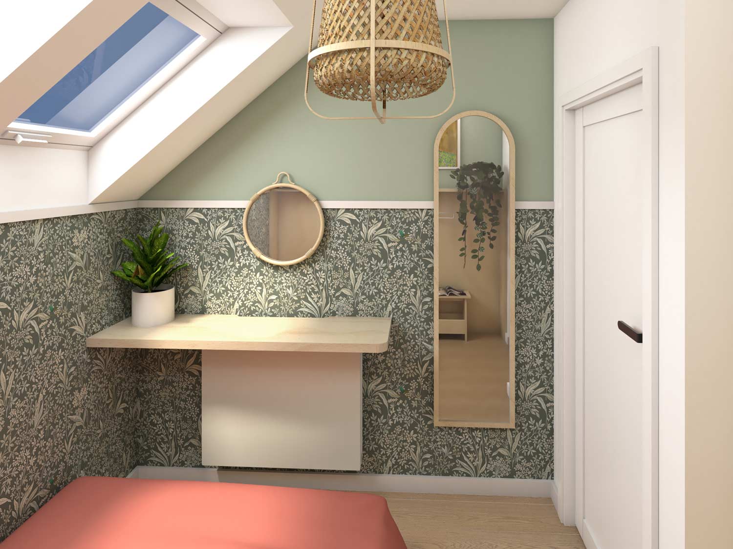 Wizualizacja projektu wnętrza głównej sypialni, widok na toaletkę