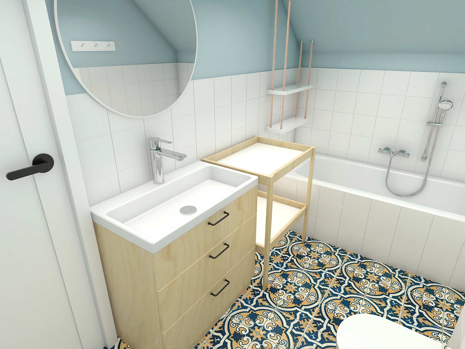 Wizualizacja projektu wnętrza łazienki na piętrze
