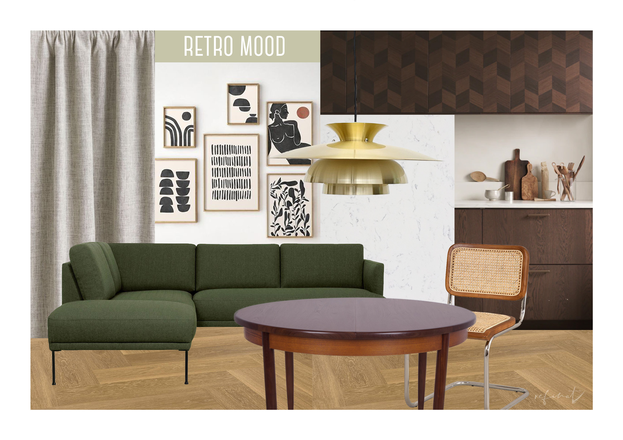 Moodboard salonu w stylu retro, nawiązującego do modernizmu